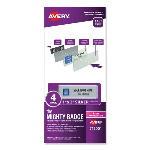 The Mighty Badge Name Badge Holder Kit, Horizontal, 3 X 1, Laser, Silver, 50 Holders/120 Inserts