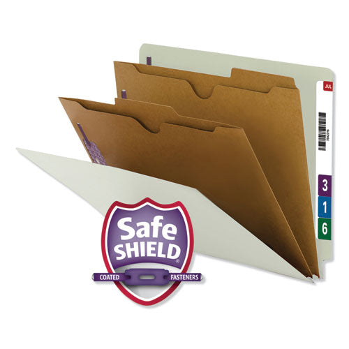 X-heavy End Tab Pressboard Classification Folders, Six Safeshield Fasteners, 2 Dividers, Letter Size, Gray-green, 10/box