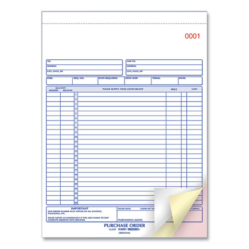 Purchase Order Book, 17 Lines, Three-part Carbonless, 8.5 X 11, 50 Forms Total