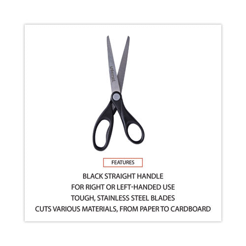 Stainless Steel Office Scissors, Pointed Tip, 7" Long, 3" Cut Length, Black Straight Handle