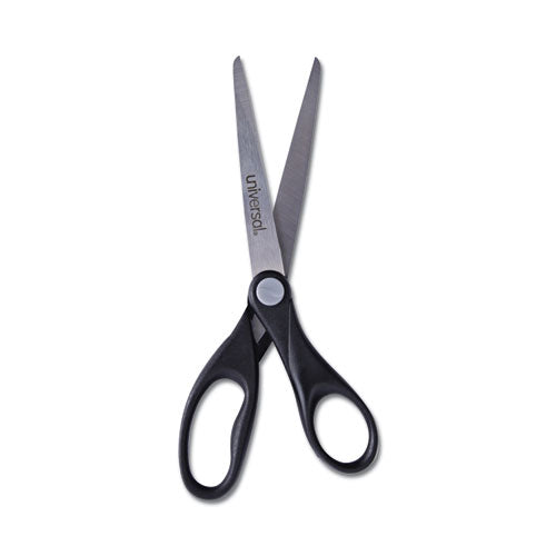 Stainless Steel Office Scissors, Pointed Tip, 7" Long, 3" Cut Length, Black Straight Handle