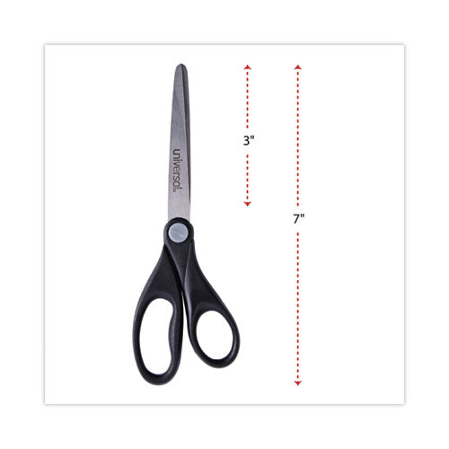 Stainless Steel Office Scissors, Pointed Tip, 7" Long, 3" Cut Length, Black Straight Handle