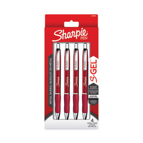 S-gel Premium Metal Barrel Gel Pen, Retractable, Medium 0.7 Mm, Black Ink, Red Barrel, 4/pack