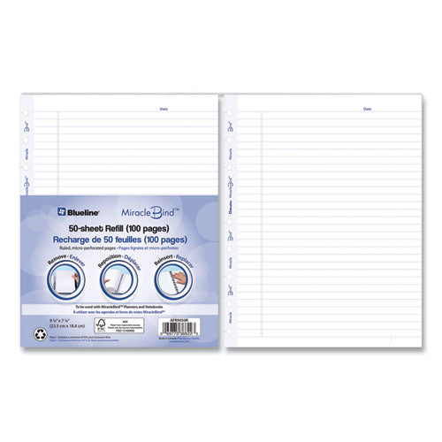 Miraclebind Ruled Paper Refill Sheets For All Miraclebind Notebooks And Planners, 9.25 X 7.25, White/blue Sheets, Undated