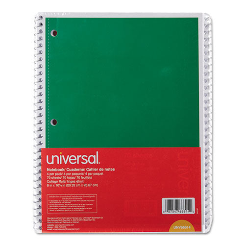 Wirebound Notebook, 1-subject, Medium/college Rule, Assorted Cover Colors, (70) 10.5 X 8 Sheets, 4/pack