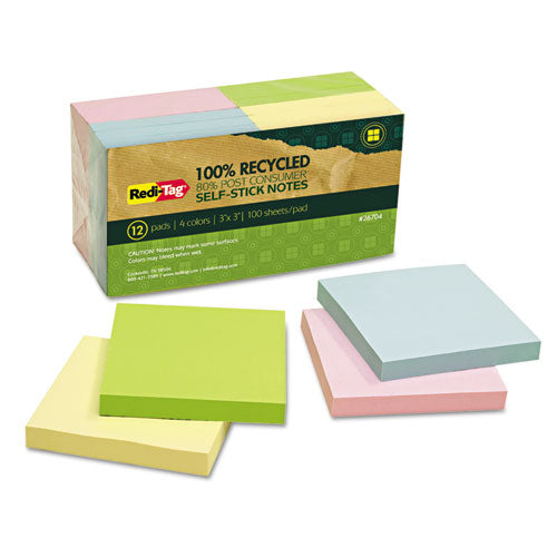 100% Recycled Self-stick Notes, 1.5" X 2", Assorted Pastel Colors, 100 Sheets/pad, 12 Pads/pack