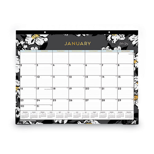 Baccara Dark Desk Pad, Baccara Dark Floral Artwork, 22 X 17, White/black Sheets, Black Binding, Clear Corners, 2023