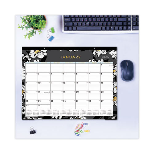 Baccara Dark Desk Pad, Baccara Dark Floral Artwork, 22 X 17, White/black Sheets, Black Binding, Clear Corners, 2023