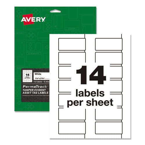 Permatrack Tamper-evident Asset Tag Labels, Laser Printers, 0.75 X 1.5, White, 40/sheet, 8 Sheets/pack