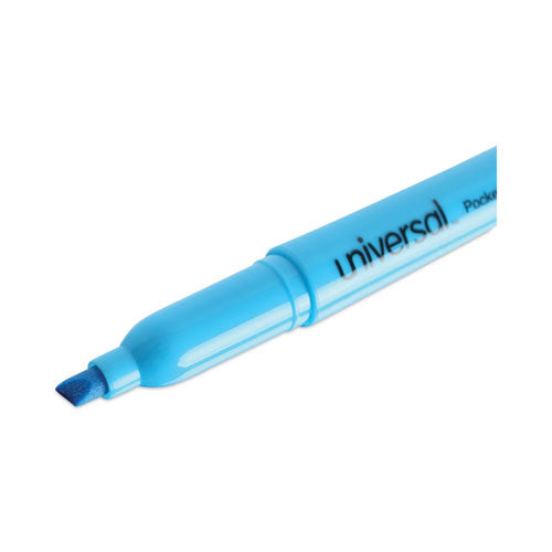 Pocket Highlighters, Fluorescent Blue Ink, Chisel Tip, Blue Barrel, Dozen