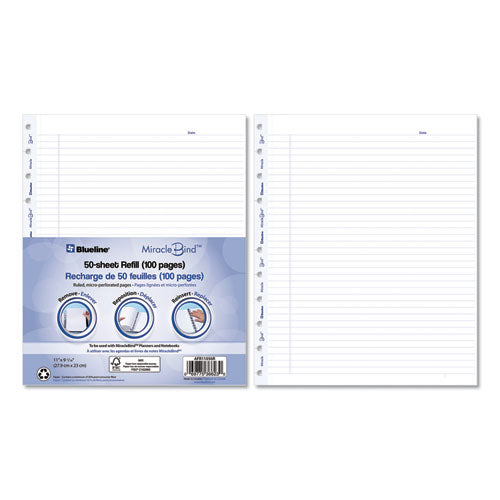 Miraclebind Ruled Paper Refill Sheets For All Miraclebind Notebooks And Planners, 11 X 9.06, White/blue Sheets, Undated