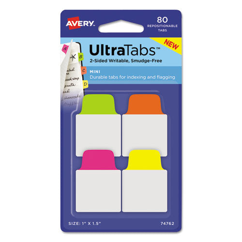Ultra Tabs Repositionable Tabs, Standard: 2" X 1.5", 1/5-cut, Assorted Neon Colors, 24/pack