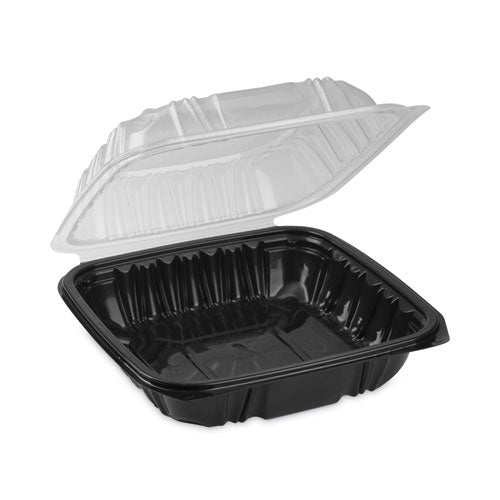 Earthchoice Vented Dual Color Microwavable Hinged Lid Container, 1-compartment, 38oz, 8.5x8.5x3, Black/clear, Plastic, 150/ct