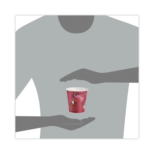 Paper Hot Drink Cups In Bistro Design, 10 Oz, Maroon, 1,000/carton