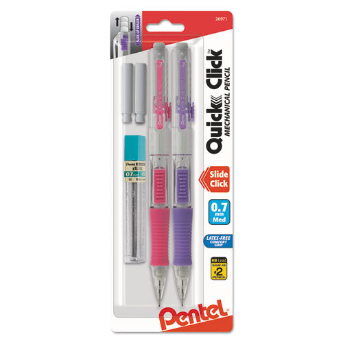 Quick Click Mechanical Pencil, 0.7 Mm, Hb (#2.5), Black Lead, Assorted Barrel Colors, 2/pack
