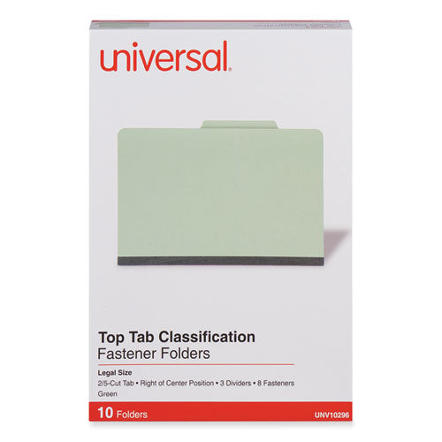 Eight-section Pressboard Classification Folders, 3" Expansion, 3 Dividers, 8 Fasteners, Legal Size, Green Exterior, 10/box