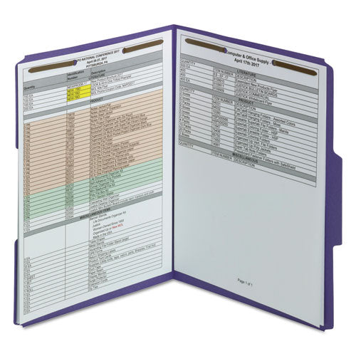 Top Tab Colored Fastener Folders, 0.75" Expansion, 2 Fasteners, Letter Size, Purple Exterior, 50/box