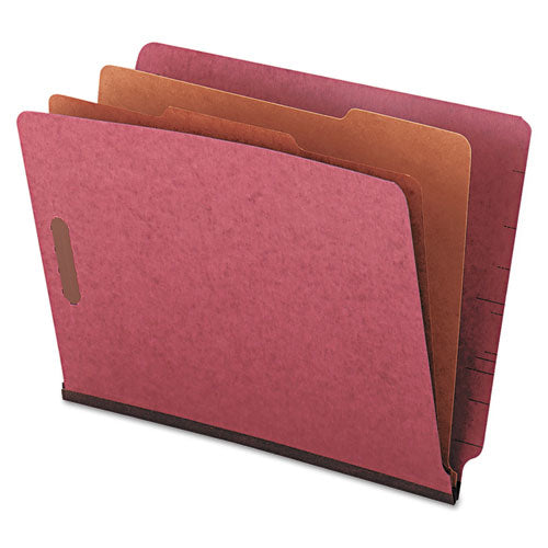 Red Pressboard End Tab Classification Folders, 2" Expansion, 2 Dividers, 6 Fasteners, Legal Size, Red Exterior, 10/box