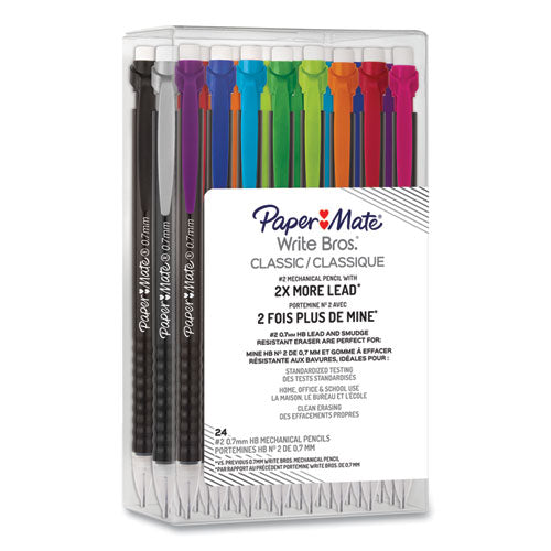 Write Bros Mechanical Pencil, 0.7 Mm, Hb (#2), Black Lead, Black Barrel With Assorted Clip Colors, 24/pack