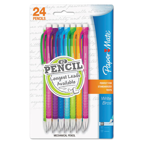 Write Bros Mechanical Pencil, 0.7 Mm, Hb (#2), Black Lead, Black Barrel With Assorted Clip Colors, 24/pack