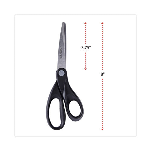 Stainless Steel Office Scissors, 8" Long, 3.75" Cut Length, Black Straight Handle