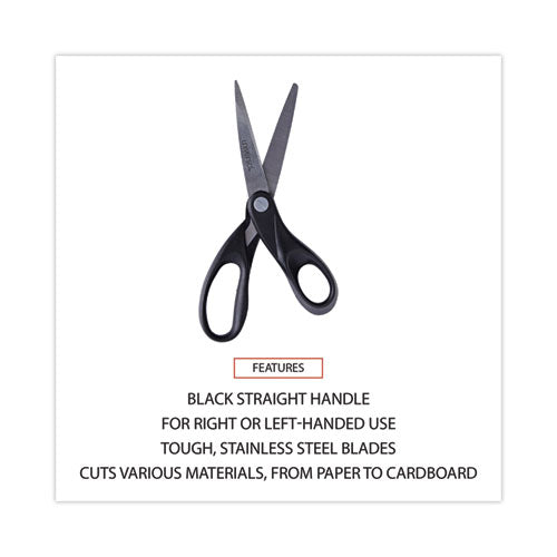 Stainless Steel Office Scissors, 8" Long, 3.75" Cut Length, Black Straight Handle