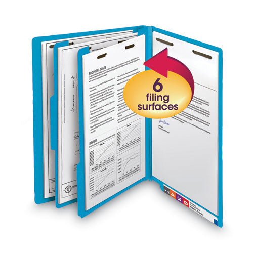 Colored End Tab Classification Folders With Dividers, 2" Expansion, 2 Dividers, 6 Fasteners, Letter Size, Blue, 10/box