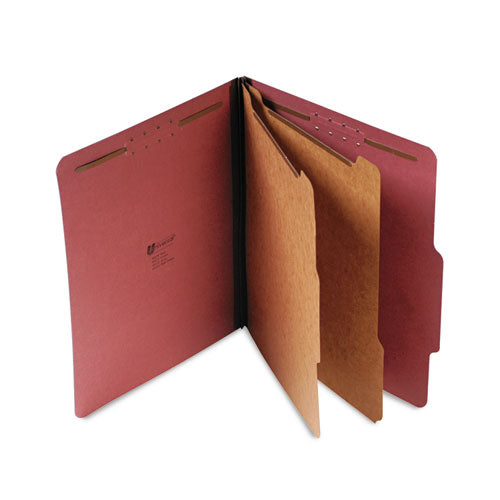 Four-section Pressboard Classification Folders, 2" Expansion, 1 Divider, 4 Fasteners, Legal Size, Red Exterior, 10/box