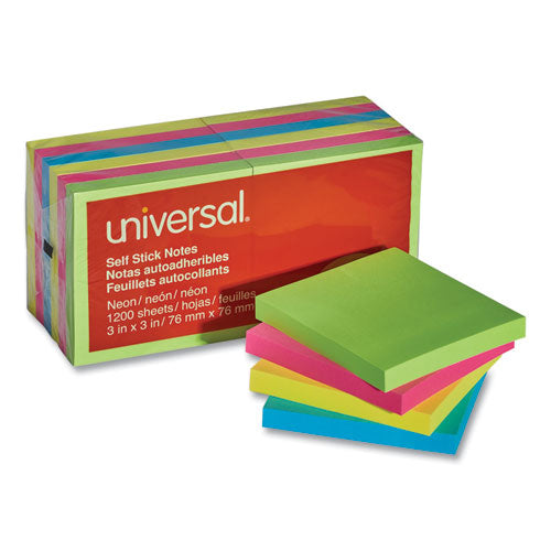 Self-stick Note Pads, 3" X 3", Assorted Neon Colors, 100 Sheets/pad, 12 Pads/pack