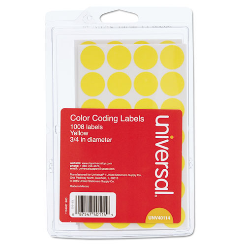 Self-adhesive Removable Color-coding Labels, 0.75" Dia, Yellow, 28/sheet, 36 Sheets/pack