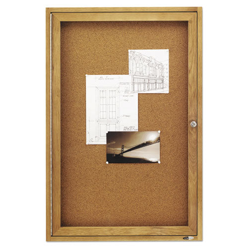 Enclosed Indoor Cork Bulletin Board With One Hinged Door, 24 X 36, Natural Surface, Oak Fiberboard Frame