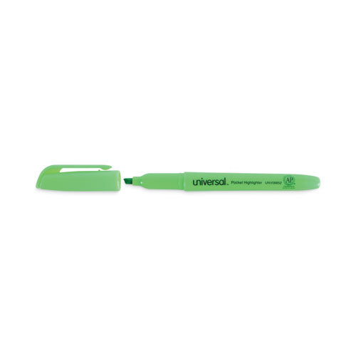 Pocket Highlighters, Fluorescent Green Ink, Chisel Tip, Green Barrel, Dozen