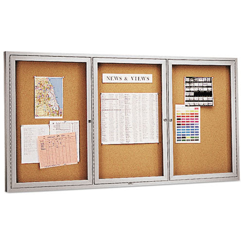 Enclosed Indoor Cork Bulletin Board With Three Hinged Doors, 72 X 36, Natural Surface, Silver Aluminum Frame