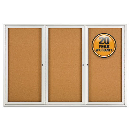 Enclosed Indoor Cork Bulletin Board With Three Hinged Doors, 72 X 36, Natural Surface, Silver Aluminum Frame