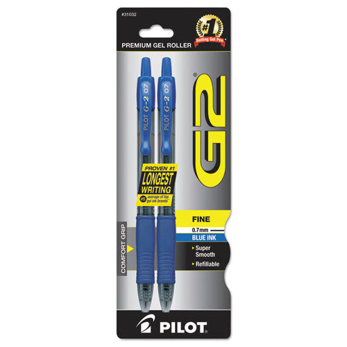 G2 Premium Gel Pen, Retractable, Fine 0.7 Mm, Blue Ink, Smoke Barrel, 2/pack