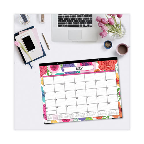 Mahalo Academic Desk Pad, Floral Artwork, 22 X 17, Black Binding, Clear Corners, 12-month (july-june): 2022-2023