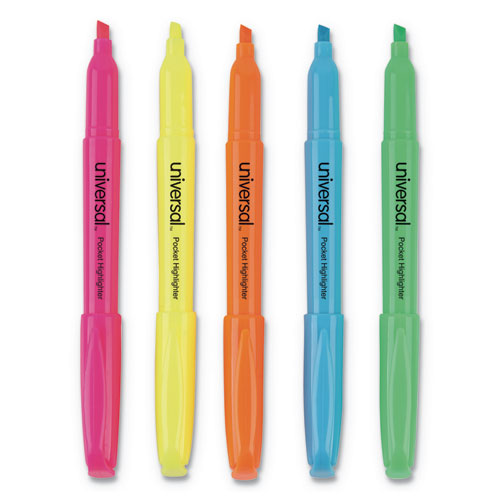 Pocket Highlighters, Fluorescent Yellow Ink, Chisel Tip, Yellow Barrel, Dozen