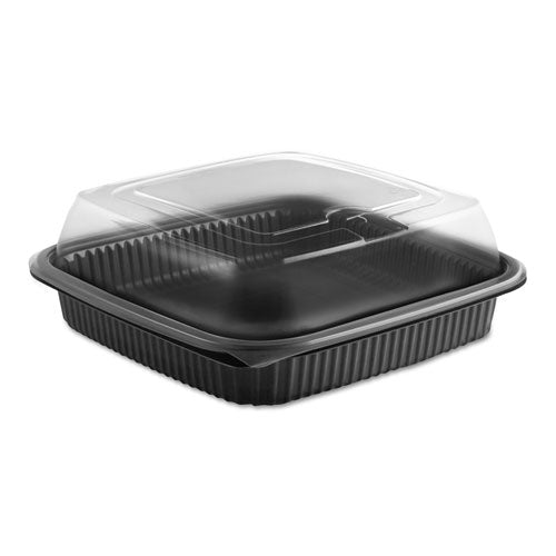 Culinary Squares 2-piece/3-compartment Microwavable Container, 21 Oz/6 Oz/6 Oz, 8.46 X 8.46 X 2.5, Clear/blk, Plastic, 150/ct