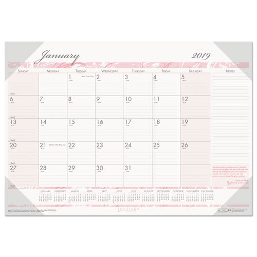 Recycled Monthly Desk Pad Calendar, Breast Cancer Awareness Artwork, 22 X 17, Black Binding/corners,12-month (jan-dec): 2023