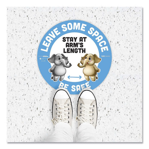 Besafe Messaging Education Floor Signs, Leave Some Space; Stay At Arms Length; Be Safe, 12" Dia, White/blue, 6/pack