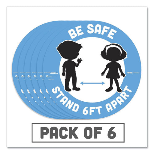 Besafe Messaging Education Floor Signs, Leave Some Space; Stay At Arms Length; Be Safe, 12" Dia, White/blue, 6/pack