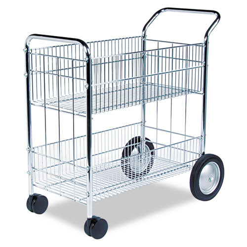 Wire Mail Cart, Metal, 2 Bins, 21.5" X 37.5" X 39.5", Chrome