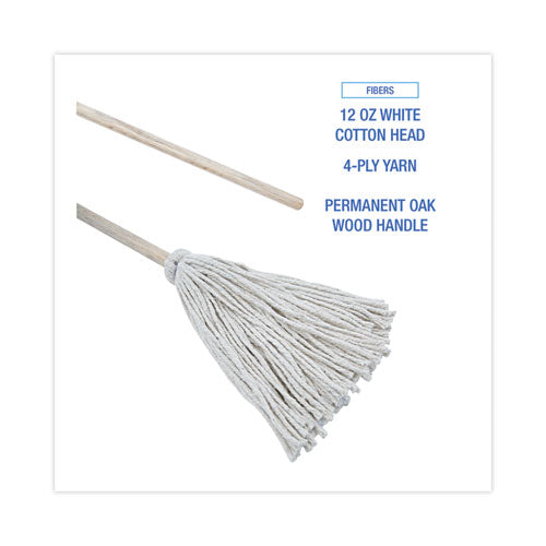 Handle/deck Mops, 12 Oz White Cotton Head, 48" Oak Wood Handle, 6/pack