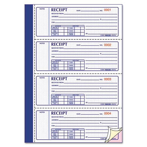 Money Receipt Book, Softcover, Three-part Carbonless, 7 X 2.75, 4 Forms/sheet, 100 Forms Total