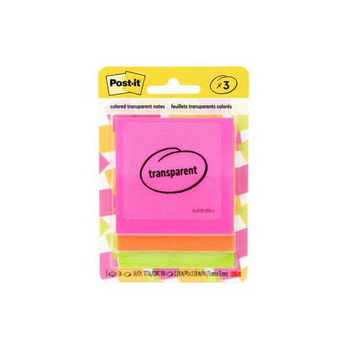 Post-it Transparent Notes Unruled 2.88"x2.88" Assorted Transparent Colors 36 Sheets/pad 3 Pads/pack
