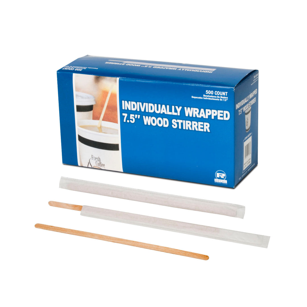 Royal 7.5 Inch Individually Wrapped Wood Coffee Stirrer-500 Each-10/Case