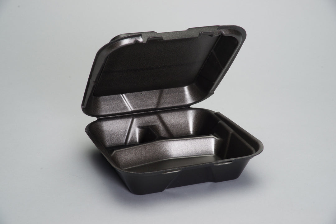 Genpak 9.25 Inch X 9.25 Inch X 3 Inch Black Large 3 Compartment Snap It Foam Hinged Dinner Container-100 Each-100/Box-2/Case
