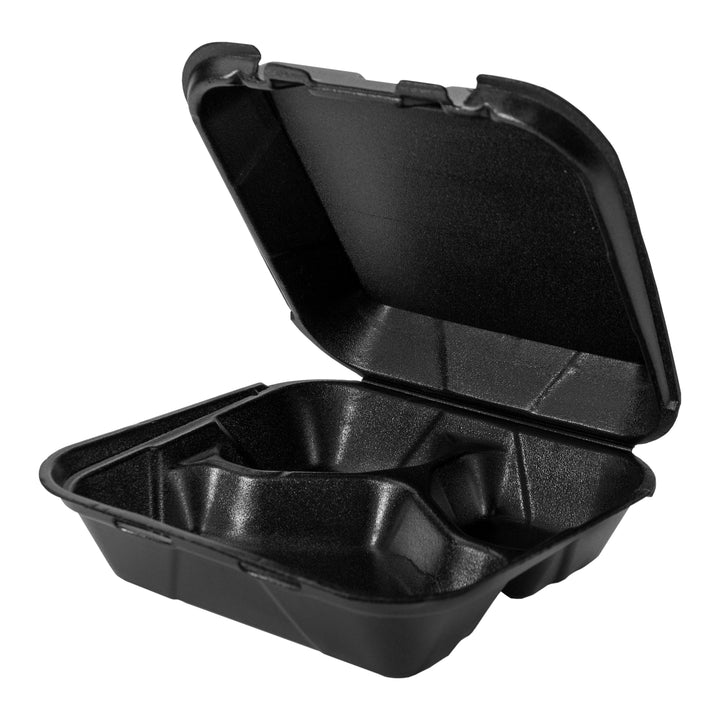Genpak 8.25 Inch X 8 Inch X 3 Inch Black Medium 3 Compartment Snap It Foam Hinged Dinner Container-100 Each-100/Box-2/Case