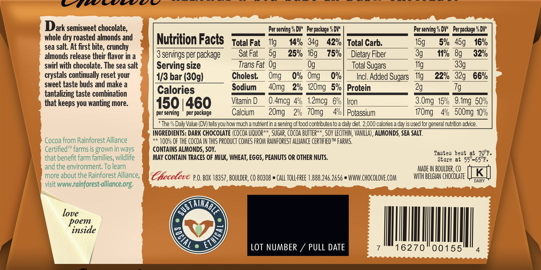 Chocolove Almonds & Sea Salt Dark Chocolate Bar-3.2 oz.-12/Box-12/Case