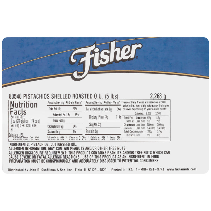Fisher Roasted No Salt Shelled Pistachios-5 lb.-1/Case